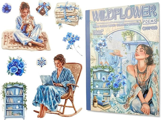 TIAMECH Fog Wildflower Poem Sticker Book - Blue Girl Series, 20 Sheets PET & Washi Stickers for Scrapbooking, Ephemera, Waterproof Junk Journaling Supplies & DIY Crafts