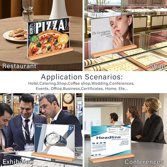 Kersally Acrylic Sign Holder 7 x 5'', 3 Pack Double-Sided Clear Table Display Stands with Wood Base,Horizontal Acrylic Frame Menu Flyer Paper Holder for Store, Restaurant, Hotel, Office, Show Fair