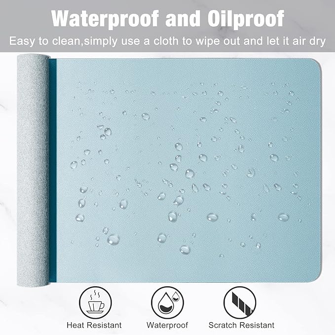 Hsurbtra Desk Pad, 35.5" x 17" PU Leather Desk Mat, XXL Extended Mouse Pad, Waterproof Desktop Blotter Protector, Non-Slip Ultra Thin Large Laptop Keyboard Writing Mat for Office Home, Lake Blue