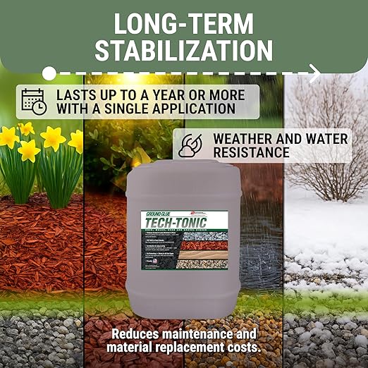 Ground Glue Tech-Tonic Landscape Adhesive for Rock, Mulch, and Sand, Weatherproof Long-Lasting Stabilizer for Trails & Slopes, Pet-Safe Binder for Pea Gravel, Bark & Flower Beds, 5 Gallon Tote