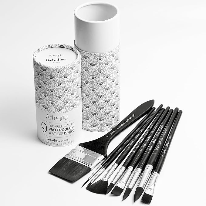 ARTEGRIA Watercolor Brush Set, 9 Professional Soft Synthetic Squirrel Paint Brushes, Including Round Detailers, Flat Wash, Rigger, Rake, Fan, Angled Shader