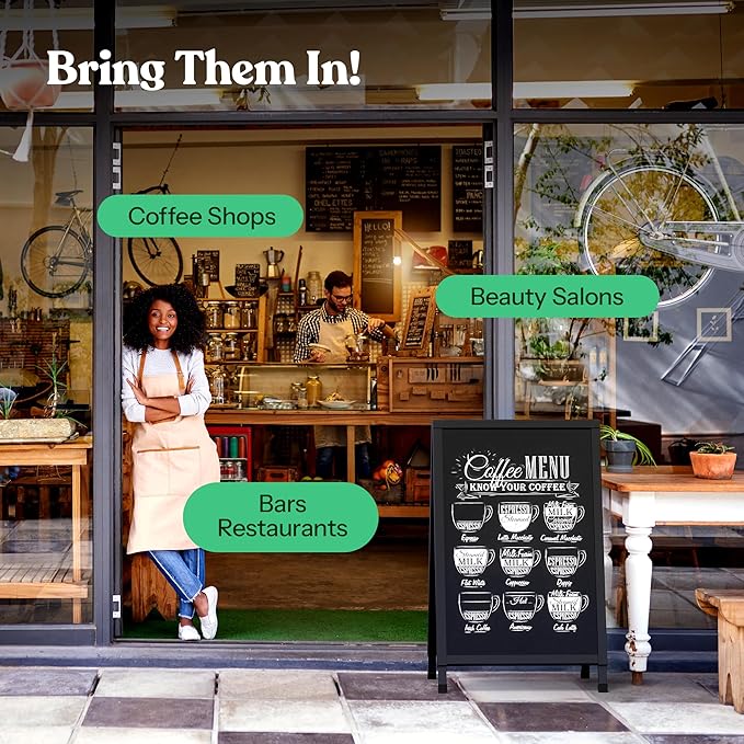 T-SIGN Outdoor A-Frame Sidewalk Sign 24x36 Inch Sandwich Board, Black Coated Steel Metal Double-Sided, Heavy Duty Slide-in Folding Frame Sign Holder, 2 Corrugated Plastic Poster Boards, Display Stand