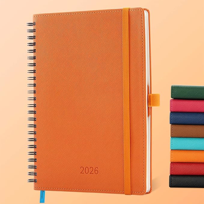 Planner 2026 Daily Weekly and Monthly,8.5"x6.5",12 Months Spiral Bound Calendar Agenda with Self-adhesive Pen Holder,2026 Appointment Book with Vegan Leather Soft Cover,Orange