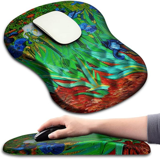 Hokafenle Ergonomic Mouse Pad Wrist Support with Massage Design, Wrist Rest Pain Relief Mousepad with Memory Foam&Non-Slip PU Base, Mouse Pads for Wireless Mouse & Desk(12x8 inch,Vangogh Iris Flower)