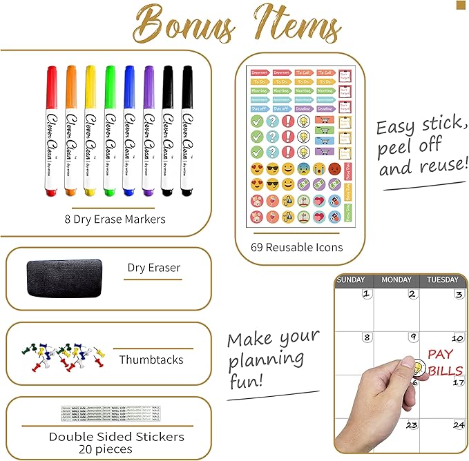 CLEVER CLEAN Large Dry Erase Wall Calendar - 48"x58" 12-month 2025 Undated Yearly Calendar for Home, Office, School Projects - Jumbo Laminated Task Organizer