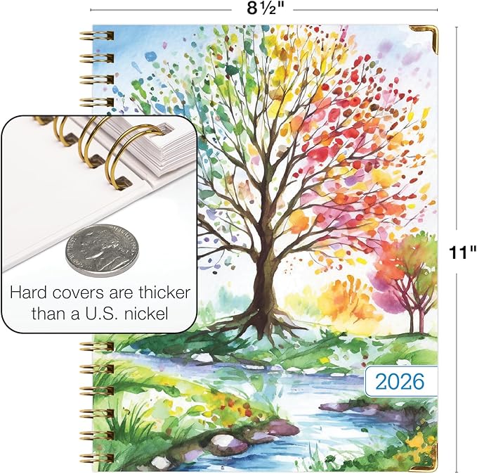 HARDCOVER 2026 Planner, 8.5"x11": 14 Months (November 2025 - December 2026), Daily Weekly Monthly Planner, Yearly Agenda, Bookmark, Pocket Folder and Sticky Note Set (Tree Seasons)