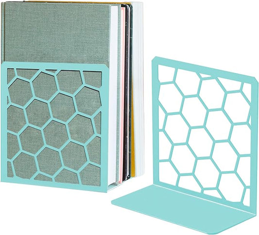 GEOMOD Geometric Honeycomb Turquoise Metal Bookends Decorative - Tall Sturdy Book Ends for Shelves - Modern Heavy Duty Bookend Stopper - Office Shelf Book Holder - 6x3.25x6.25 Inches - 1 Pair