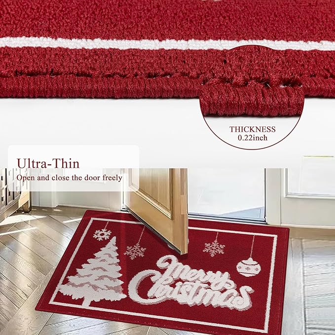Christmas Doormat with Non Slip, Loop Pile Red and White Indoor Christmas Welcome Mat with Absorbent & Dirt-Trapping, Outdoor Christmas Tree Door Mat Front Porch Decor 32x48 Inch