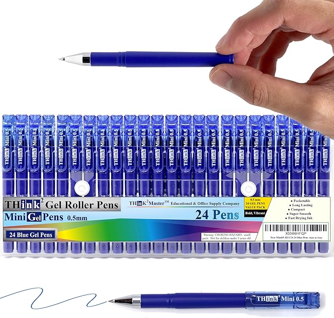 THINK2MASTER [24 Pens - Blue Ink Think2 0.5mm Pocketable Mini Gel Pens. (24 Blue) Fine Point Small Rollerball Pens with Smooth Quick Drying Ink.