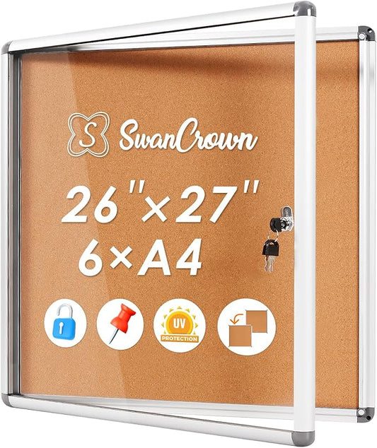 SWANCROWN Enclosed Cork Bulletin Boards Wall-Mounted Noticeboard Protective Display Case for Retail School Apartment 28x26 inch (6xA4)