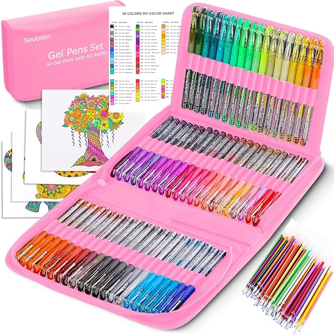 Soucolor Cute Office School Supplies Gifts for Women Teen Girl Birthday, 120 Pack Glitter Gel Pens-60 Glitter Pens, 60 Refills and Travel Case, Japanese Stationary Nurse Cool Gifts for Coworkers
