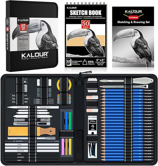 112 Drawing Set Sketch Kit, Pro Art Supplies with 3-Color Sketchbook, Graphite, Charcoal Pencils, Art Drawing Kit for Artists Adults Teens Beginners, Ideal for Shading & Blending