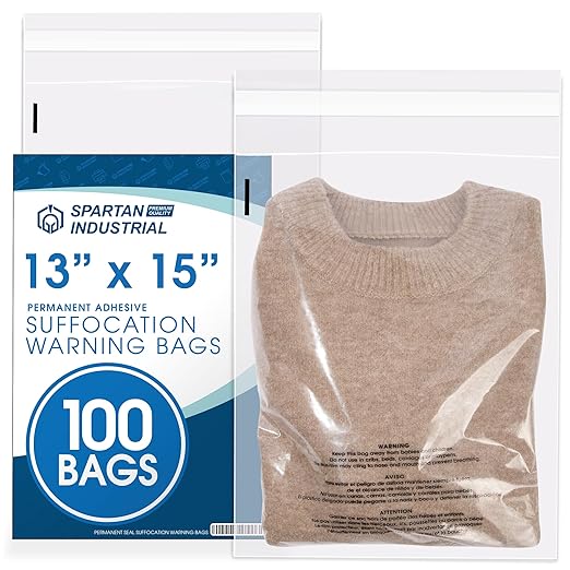 Spartan Industrial - 13” X 15” (100 Count) Self Seal Clear Poly Bags with Suffocation Warning for Packaging, T Shirts & Shipping- Permanent Adhesive