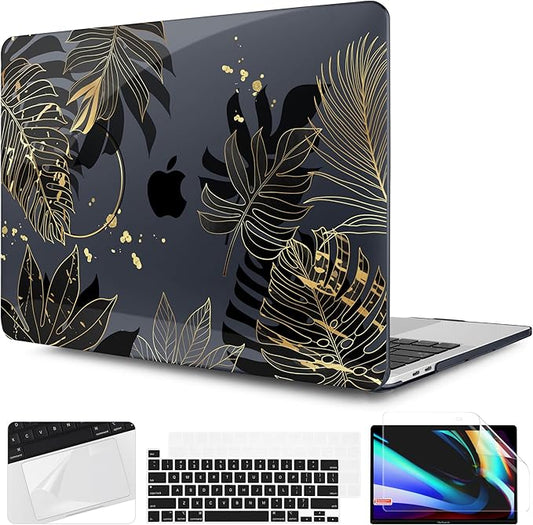 TWOLSKOO Compatible with MacBook Pro 13 inch Case 2023-2016 A2338 M2/M1 A2251 A2289 A2159 A1989 A1706, Plastic Hard Shell Cover & Keyboard Skin & Screen Protector - Golden Tropical Leaf