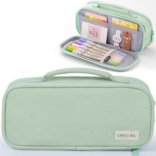 MAMUNU Pencil Case Large Capacity with 3 Compartments, Pencil Case Pouch Bag with Zipper Handle Portable Pen Stationery Organizer for Teen Girls Boys Adults College School Office Travel, Green