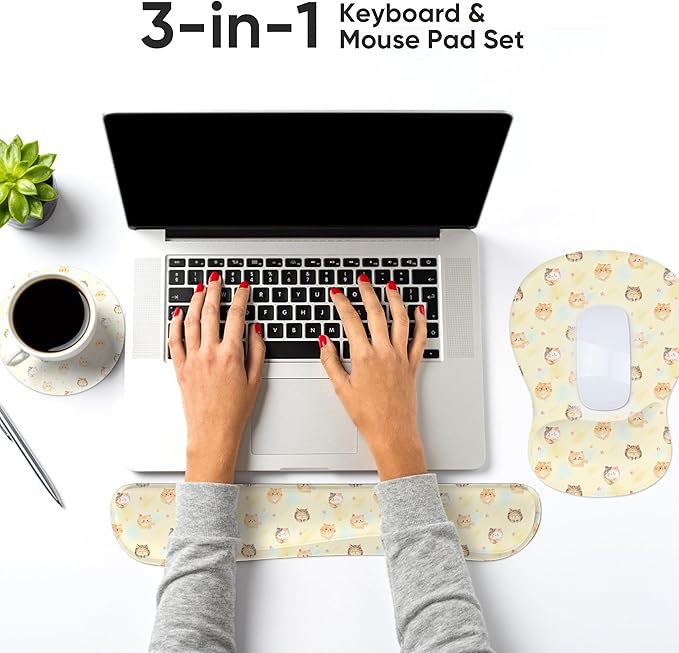 Wrist Rest Support for Mouse Pad Keyboard Set Circle Coaster Gaming Mouse Pad Ergonomic Gel Memory Foam Set for Computer, Laptop, Office, Pain Relief, Comfortably Typing Cat KM-35