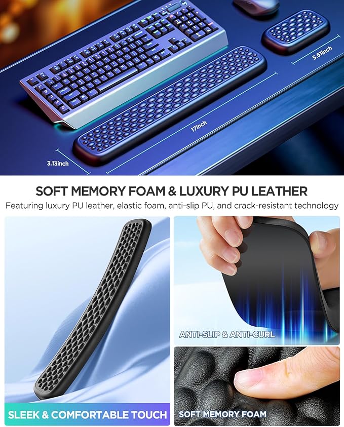 Lekvey Ergonomic Keyboard Wrist Rest - Memory Foam with Massage Points & Waterproof PU Leather Wrist Pad, Carpal Tunnel Support for Office Computer/Gaming, Typing Pain Relief, Easy-Clean（Black）