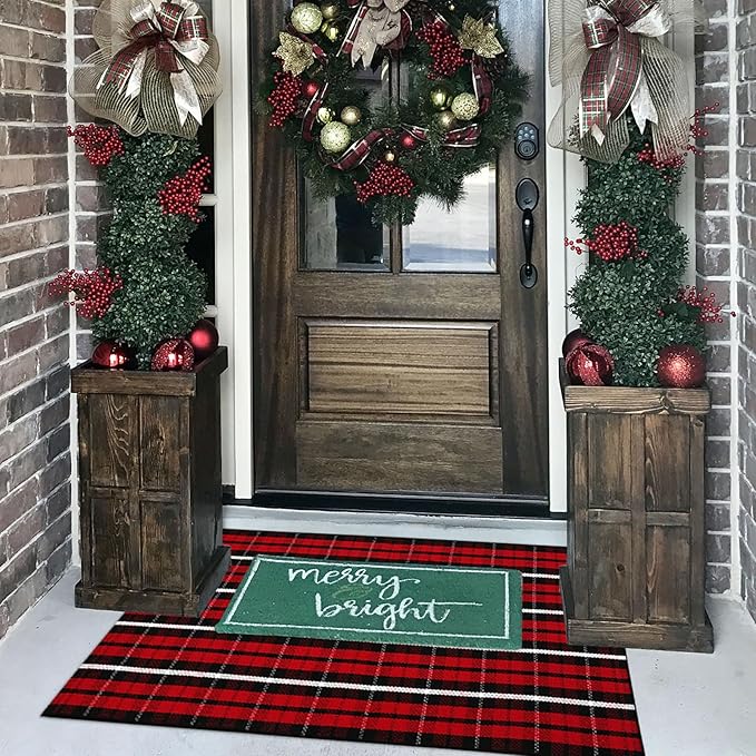 Buffalo Plaid Outdoor Rug Christmas Door Mat Christmas Decor Welcome Rug Cotton Hand-Woven Layered Door Mats for Front Porch, Kitchen, Farmhouse, Entryway (27.5"x43", Red/Black/White)