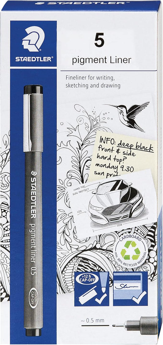STAEDTLER Pigment Liner, Fineliner Pen for Drawing, Drafting, Journaling, 0.5mm, Black, Box of 5 Pens, 308 05-9M
