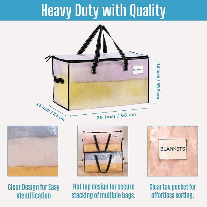 VENO 4 Pack Moving Bags, Comforter and Blanket Storage Bags for Closet, Moving Boxes, Boxes with Lids Alternative, College Dorm Packing Supplies, Foldable Heavy-Duty Tote with Window (Clear, 4 Pack)