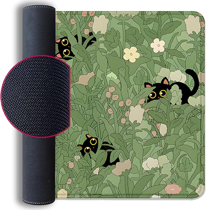 Cute Cats Desk Pad Mouse Pad,Sage Green Plants Flowers Floral Mouse Mat Large,Stitched Edges Non-Slip Waterproof Rubber Base Mous Mat for Office Home Work Gaming(27.5X11.8 in)