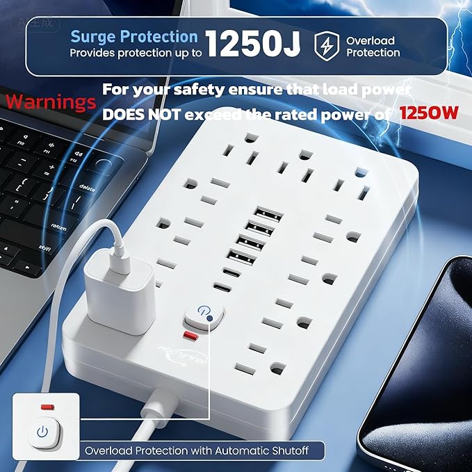 2 Pack 6 FT Flat Plug Surge Protector Power Strip,11 Multiple AC Outlets with 6 USB Ports (2 USB C), 6 Feet Extension Cord, 1250W/10A, One Touch Switch Button, 17 in 1 Compact powerstrip