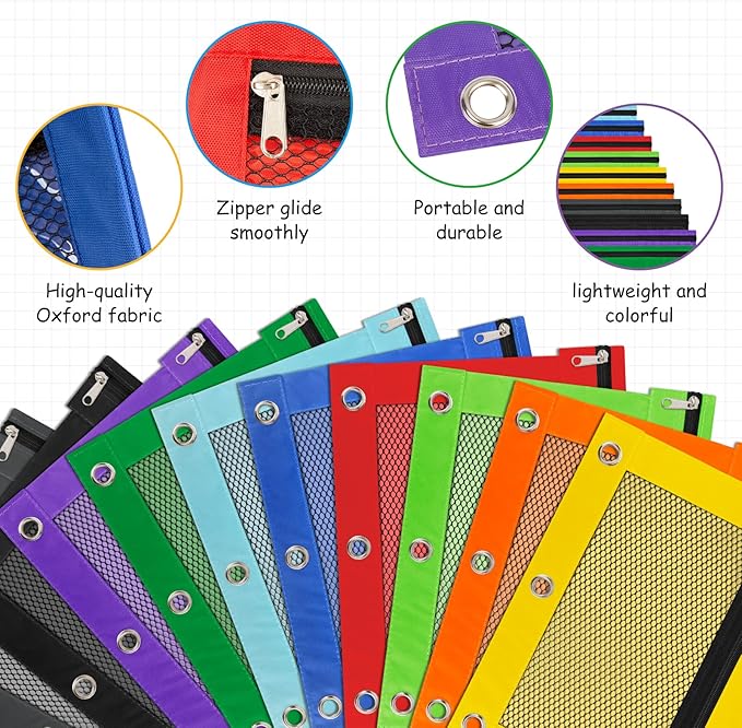 IKAYAS 30 Pack Pencil Pouch for 3 Ring Binder bulk Binder Pencil Pouch with Zipper, Pencil Pouches for Classroom Pencil Box Pencil Case for Storing School Students Teacher Supplies, 6 Colors