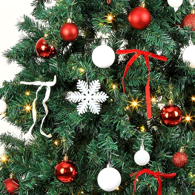 86Pcs Led Light Red and White Christmas Tree Decorations Set 100 Led Light Christmas Star Trees Topper with String Lights Xmas Balls Snowflakes Ornaments Bows Xmas Trees Decor 20m Light String
