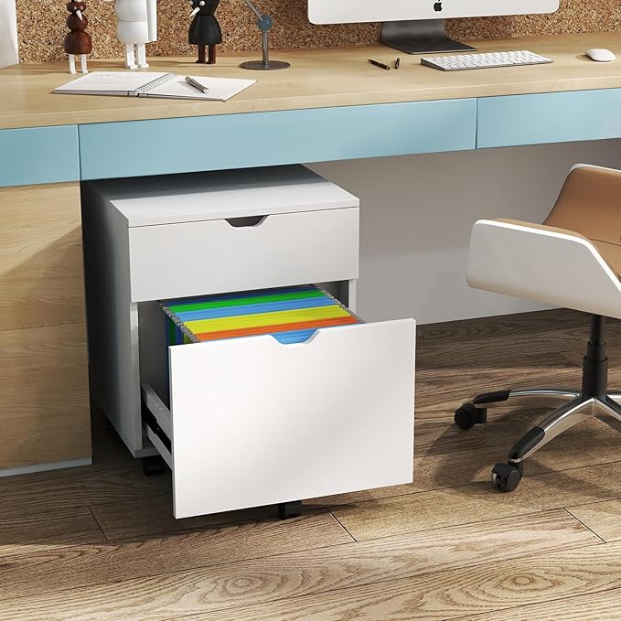 HollyHOME 2-Drawer Wood File Cabinet, Under Desk Cabinet for Home Office, Rolling Storage Shelf for Home, Printer Stand, for A4, Letter-Size, 11.8in Hanging File Folders, White