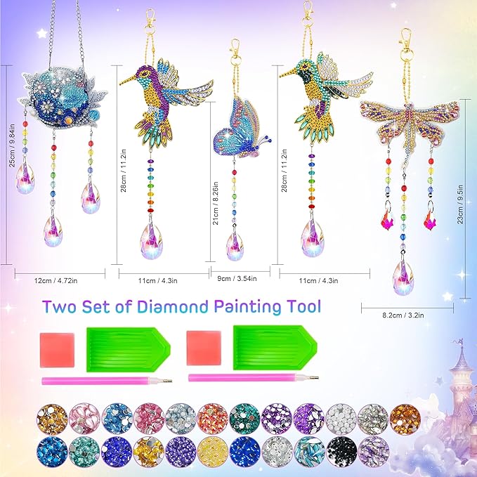 5Pcs Diamond art Kits for Kids/Adults, Crafts for Kids Ages 8-12, DIY Diamond Painting art Wind Chimes Crystal Window Suncatcher Craft, Birthday Gifts for 7 8 9 10 11 Year Old Girls, Home Garden Decor