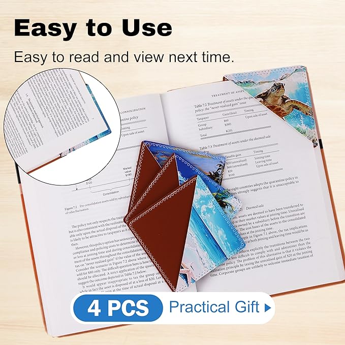 4 Pieces Leather Bookmarks, Cute Book Accessories for Reading Lovers, Page Markers for Women Men Kids Students Teachers Retirement Birthday Gift (Beach)