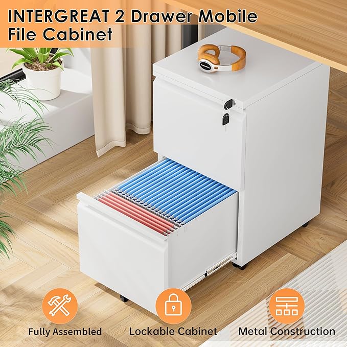 INTERGREAT 2 Drawer File Cabinet, Metal Filling Organizer with Lock, Locking Office Mobile Cabinet with Wheels for Legal/Letter Size, Under Desk, White