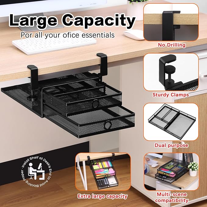 ROSYLINE Under Desk & Desktop Drawer Organizer - 2-Tier Metal Slide Out Drawers Organizer, Storage for Home Office Desk (Black)