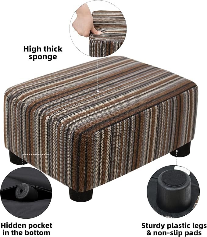 CAROLMADE Small Foot Stool Ottoman Footstool with Legs Under Desk Footrest for Living Room Bedroom and Office,Linen-Stripe Brown