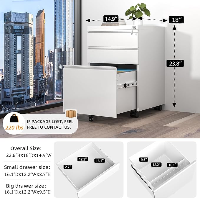 INTERGREAT 3 Drawer Filing Cabinet with Lock, White Mobile File Cabinet with Wheels, Rolling Small Metal Cabinets Under Desk for Home Office, Assembled