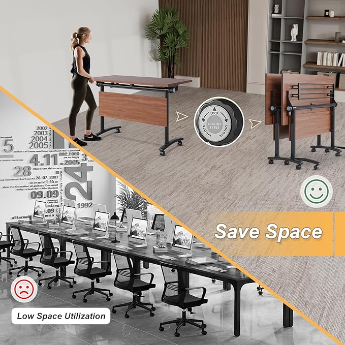 Conference Room Table with Silent Wheels, Mobile Folding Conference Table for 16 Person,Flip Top Office Training Tables with Walnuts Wood Tabletop, for School,Business Meeting Rooms (2 Pack 47in)