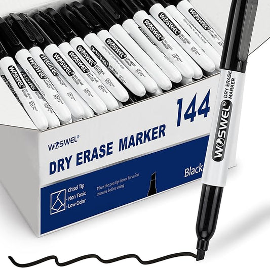 Dry Erase Markers Bulk, 144 Pack Black Chisel Tip Whiteboard Markers, Low Odor Dry Erase Markers for School Office Home