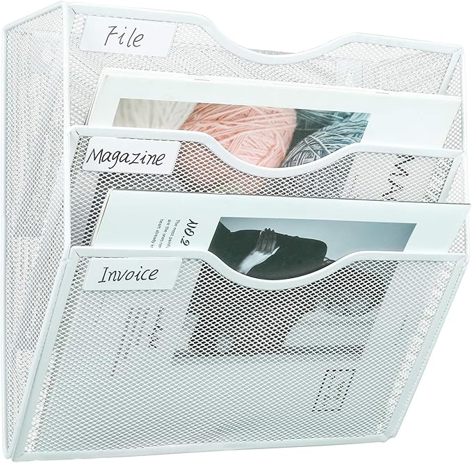 PAG Hanging Wall File Holder Mail Organizer Wall Mount Document Letter Rack, 3-Tier, White