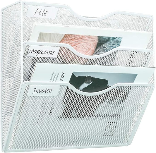 PAG Hanging Wall File Holder Mail Organizer Wall Mount Document Letter Rack, 3-Tier, White