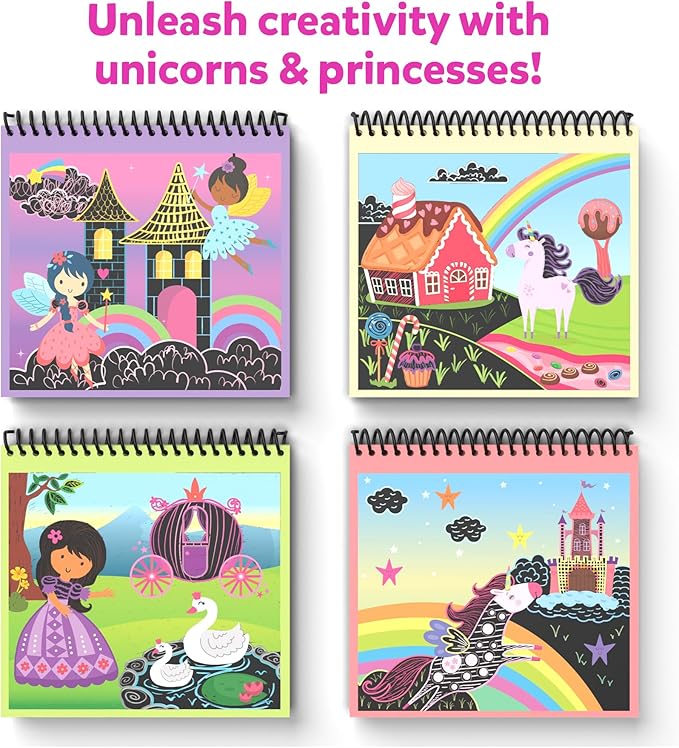 Skillmatics Scratch Art Book for Kids - Unicorns & Princesses, DIY Craft Kits, Christmas Stocking Stuffers, 30+ Scratch Stickers, Travel Toys, Gifts for Girls & Boys Ages 3, 4, 5, 6, 7, 8