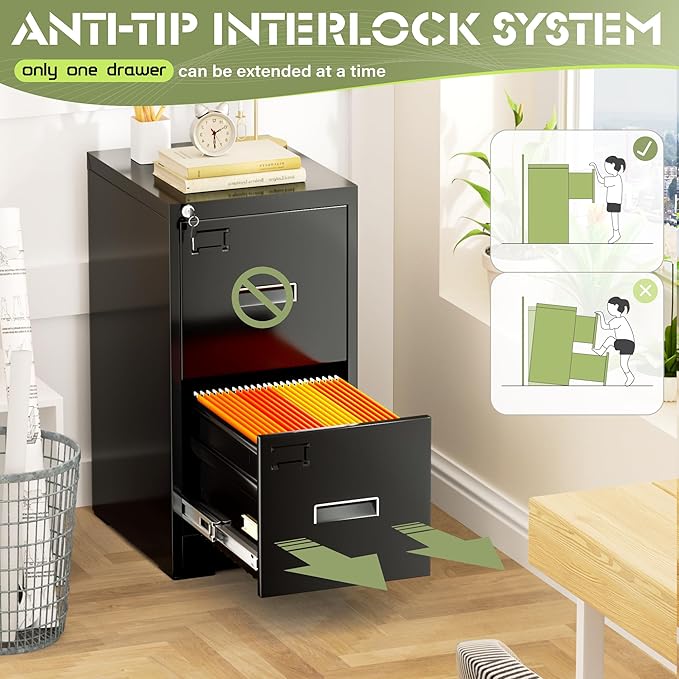 Crownland Lateral File Cabinet with 2 Drawers, 15" W Metal Lockable Office File Cabinets for Home Office- Stores Letter/Legal/A4/F4 Files(Black)