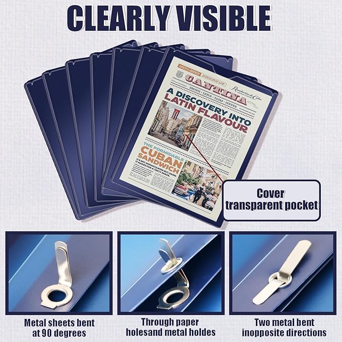 Pastel Plastic File Folders with Pockets and Prongs, 7 Pack, A4 Letter Size, Heavy Duty Waterproof Office Folders with Clear Front Cover for School, Home, and Office (Blue)