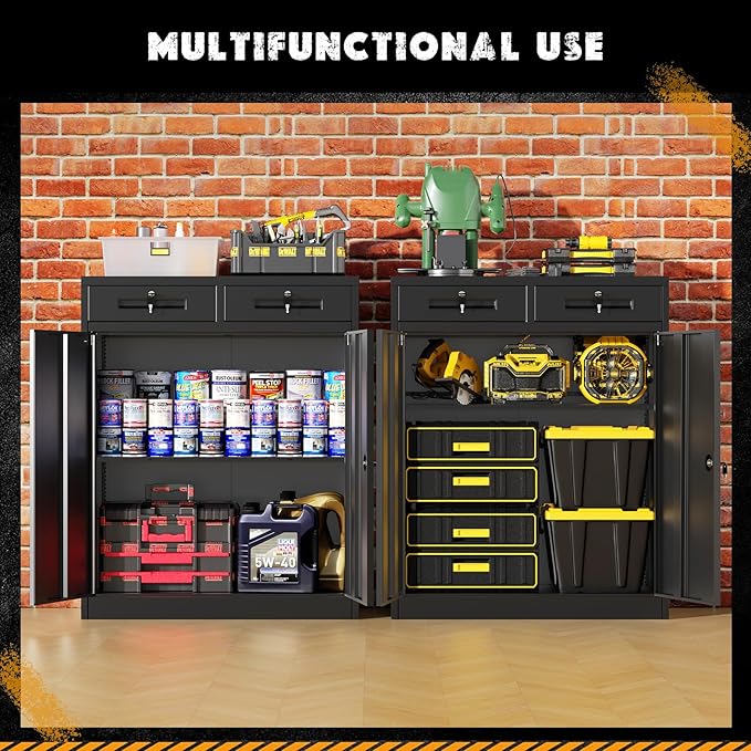 Greenvelly Metal Storage Cabinet with Drawers, 36' Black Steel Garage & Office Storage with Doors and Adjustable Shelves, Locking Metal Tool Cabinet