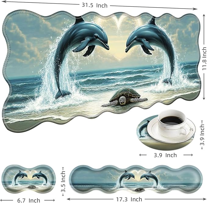 Large Mouse Pad and Keyboard Wrist Rest, Desk Pad for Keyboard and Mouse, 4-in-1 Large Gaming Mouse Pad with Wrist Support, Desk Mat for Home Office Study Game-Dolphins and Sea Turtle