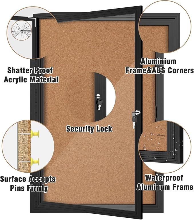 36"x24" Enclosed Bulletin Board, Outdoor Lockable Weather-Resistant Aluminum Cork Noticeboard for School & Office Hospital, Black Frame w/Cork