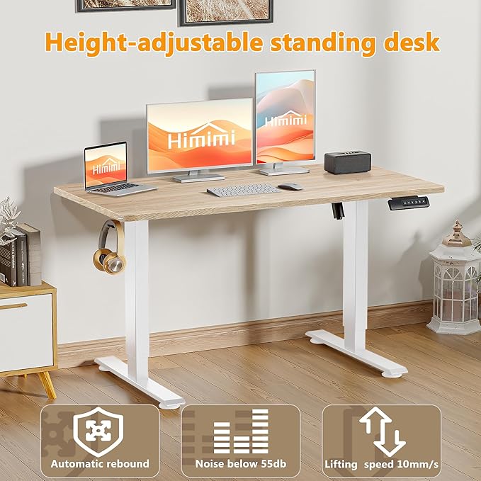 Himimi Electric Standing Desk 55 x 24 inch for Home Office,Sit-Stand Adjustable Desk with Memory Presets,Height Adjustable Desk for Gaming/Working,Free Hook, Lockable Wheels,Mouse Pad,Oak