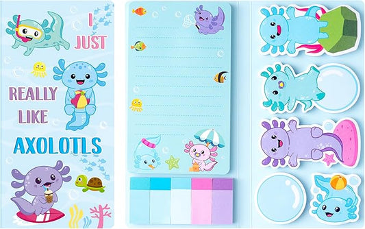 Xqumoi I Just Really Like Axolotl Sticky Notes Set, Animal Mexican Walking Fish Shaped Self-Stick Notes Pads Writing Memo Pad Page Marker Bookmarks Back to School Office Supplies Party Favors (Blue)