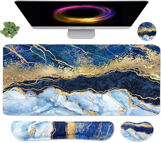 4-in-1 Large Gaming Mouse Pad, Keyboard Wrist Rest Pad & Wrist Support Mousepad Set, Extended Desk Pad Waterproof Desk Mat for Home Office Study Game - Blue Gold Marble