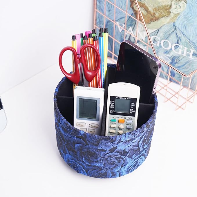 QIELIZI Round Leather Art Supply Organizer,Remote Control Holder,360 Degree Rotating,Multi-Functional Pencil Holder,4 Compartments Desktop Stationary Organizer(1-3D Rose Blue)
