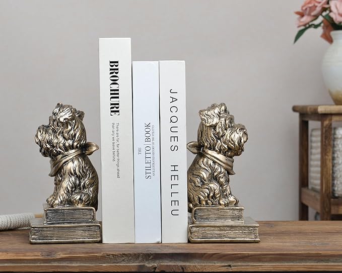 Vintage Antique Gold Dog Bookends,Decorative Book Ends for Shelves,Creative Resin Schnauzer Statues Book Holders for Desk Home Office Bookshelf Decoration,Gifts for Dog Enthusiasts